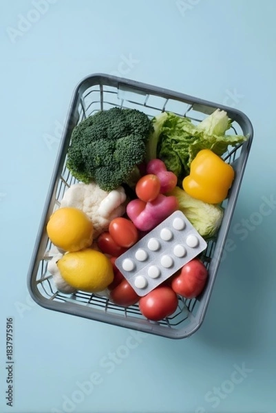Obraz Shopping basket with fresh vegetables and pills