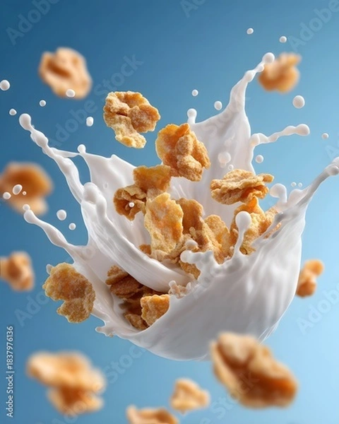 Obraz Golden Corn Flakes Bursting into a Dynamic Milk Splash