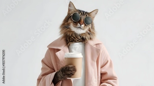 Obraz A stylish cat wearing sunglasses and a coat holds a coffee cup