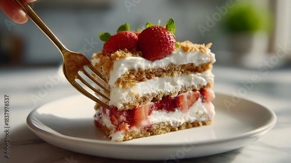 Obraz Slice of strawberry cream cake being cut by a fork