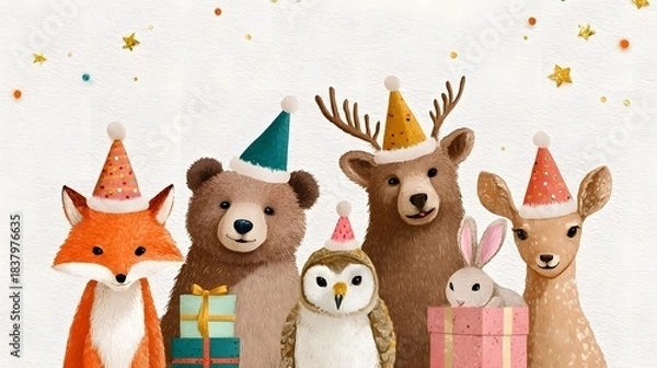 Obraz Cute forest animals celebrating with party hats and gifts