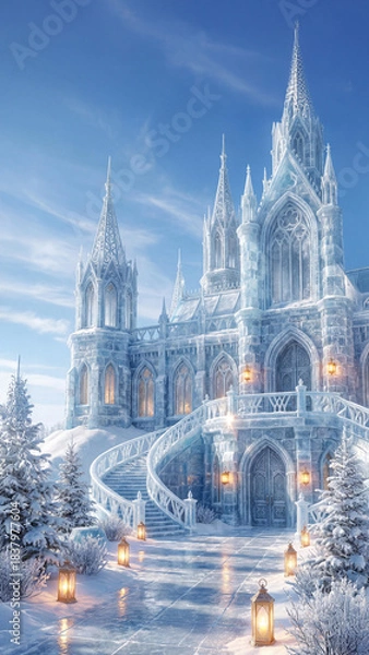 Fototapeta Magnificent fantasy fairy-tale snow iced frozen blue castle with snow-covered turrets and glowing warm lighted windows, surrounded by winter landscape with fir trees and curved staircase entrance