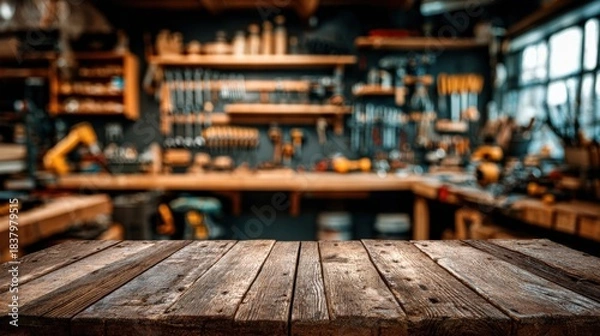 Obraz Rustic Wooden Table Surface with Blurred Workshop Background, Ideal for Product Display and Creative Projects