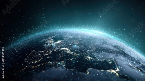 Fototapeta Detailed Globe Showing Europe and Africa with Glowing Lights in Space Illustration