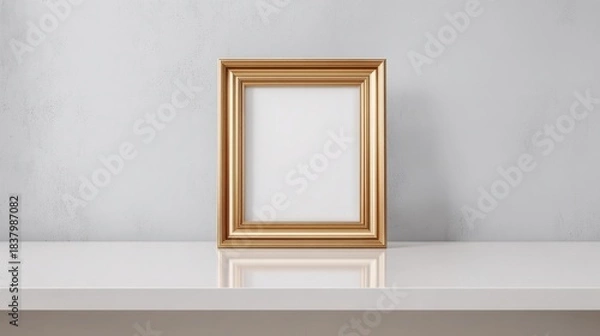 Fototapeta Elegant Gold Picture Frame Mockup on White Shelf for Art and Photography Display