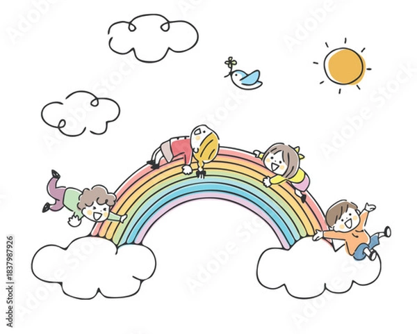 Obraz 虹と子供たちのイラスト