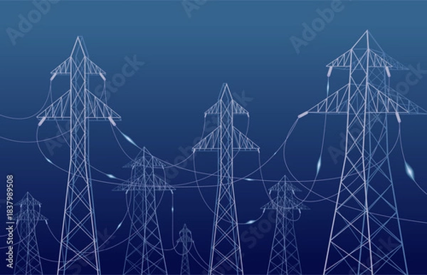 Obraz High voltage wires background. Transmission system landscape, city lines for power. Urban infrastructure with electric poles, sapid vector concept
