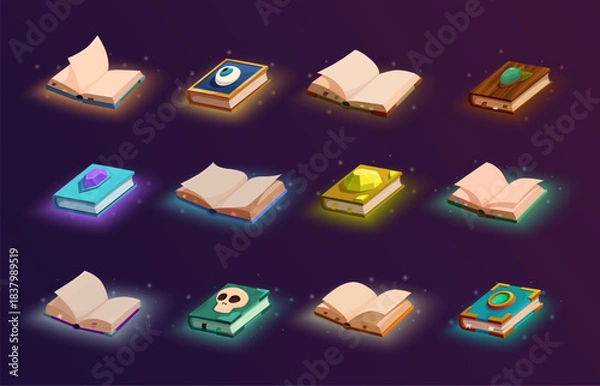 Obraz Open magic books. Closed opened notebooks with empty pages, decorative templates. Witchcraft book with amulets, gemstones, skull, sapid vector set