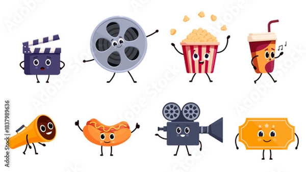 Obraz Cinema characters. Cartoon theater ticket, popcorn bucket camera and movie clapper. Isolated funny character, hot dog, drink take away glass, sapid vector elements