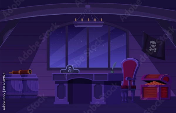 Obraz Captain cabin interior at night. Pirate ship room, empty premises wood decor. Spyglass, table and chair, chest with golden coins, hat with skull, sapid vector scene