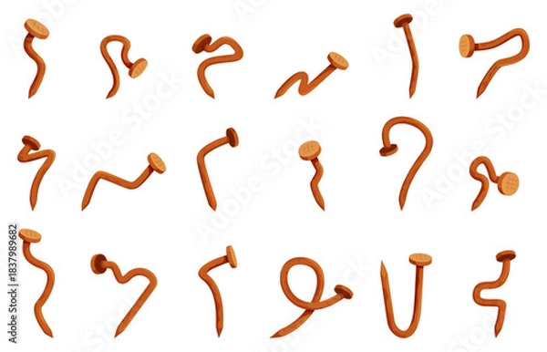 Obraz Rusty nails. Curved nail, old style hobnails cartoon icons. Industrial and repair equipment. Carpentry tools, iron elements for hanging and fastening, sapid vector set