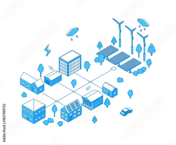 Obraz Isometric green energy district. Buildings powered by single grid of clean power generated by solar panels and wind turbines. Eco lifestyle nifty vector concept