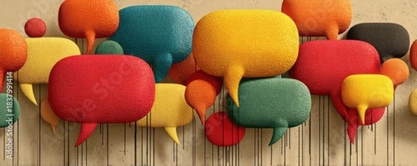 Fototapeta Colorful speech bubbles sculpture on wall art representing vibrant communication and conversation themes