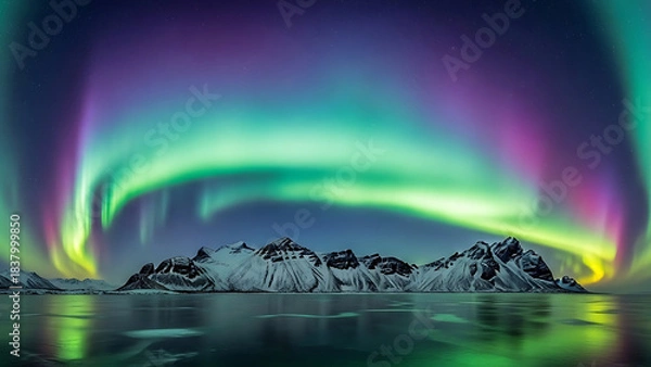 Fototapeta Aurora Borealis over Island: A breathtaking display of the Aurora Borealis dances gracefully across the night sky above a serene landscape of snowy mountains and a calm, reflective sea.