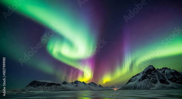 Fototapeta Aurora Borealis: Witness the dance of the aurora borealis, a mesmerizing display of nature's artistry as vibrant colors swirl across the night sky above snow-capped mountains and tranquil landscape.