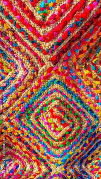 Fototapeta The texture of a ethnic carpet made of natural materials in a close-up shot