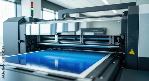 Fototapeta High-quality printer in a modern printing house, showcasing vibrant blue paper being processed, highlighting advanced printing technology and precision in production