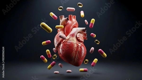 Obraz Abstract medical illustration of a heart and many different colored pills, representing the necessity of drug-based therapies