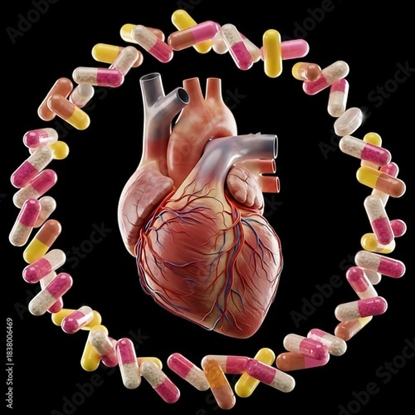 Obraz Anatomical heart model with diverse pharmaceutical capsules and tablets suspended against a dark background, representing cardiology.