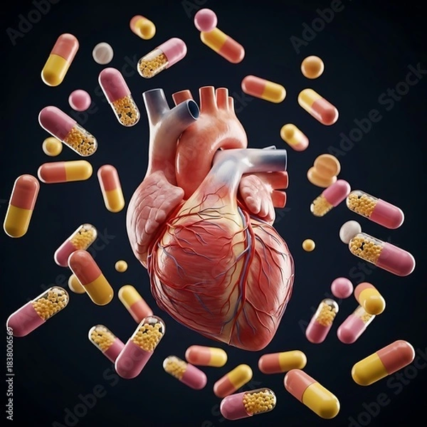 Obraz Realistic human heart visualization featuring an array of vibrant drugs, illustrating the concept of cardiovascular treatment