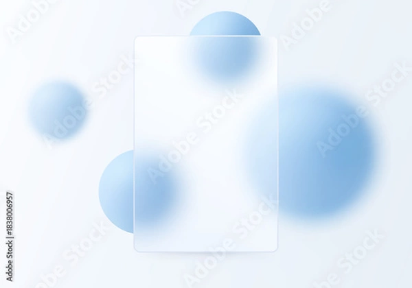 Obraz Minimal glassmorphism panel with floating blue spheres on a light background.