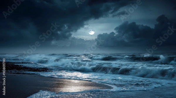 Fototapeta Stormy seashore at dusk with glowing waves reflecting eerie moonlight