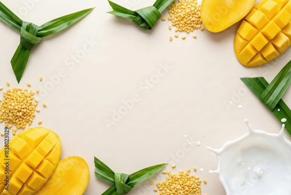 Obraz Thai mango sticky rice dessert ingredients frame with ripe yellow mango coconut milk splash pandan leaves and mung beans on beige background top view flat lay concept