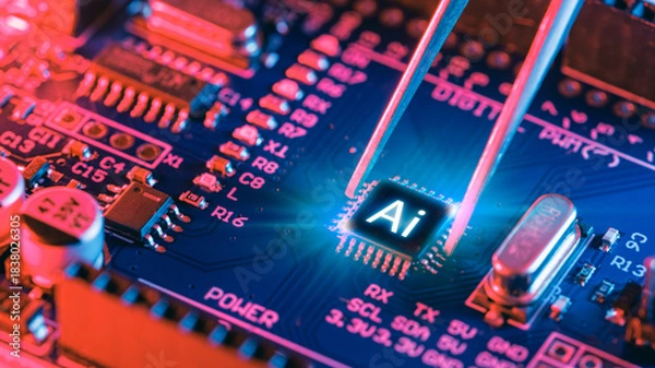 Fototapeta Ai Chips, AI microprocessor, Artificial intelligent memory computer processor on circuit board.