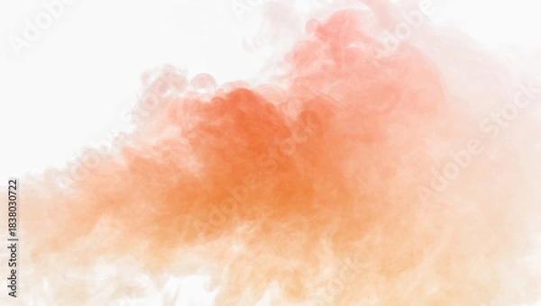 Fototapeta Orange dust cloud isolated on white background, realistic powder explosion texture for design overlay, sand or smoke particle effect, abstract motion with warm cinematic atmosphere.