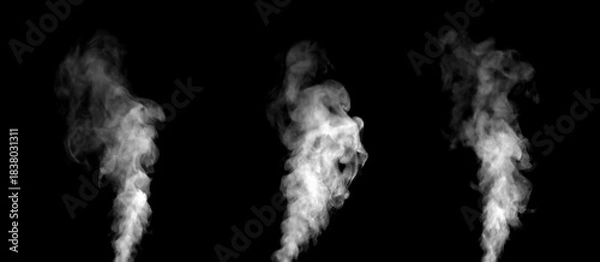 Fototapeta Realistic white smoke plumes rising on a black background, perfect for visual effects, product design, advertising, and creative projects that require natural vapor texture and atmospheric mood.