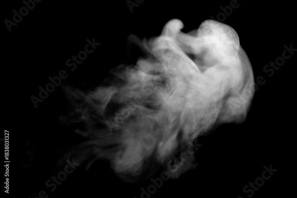 Fototapeta Soft drifting white smoke forming dynamic swirling shapes on a dark black background, creating an abstract atmospheric texture perfect for motion graphics, visual effects, and creative design projects