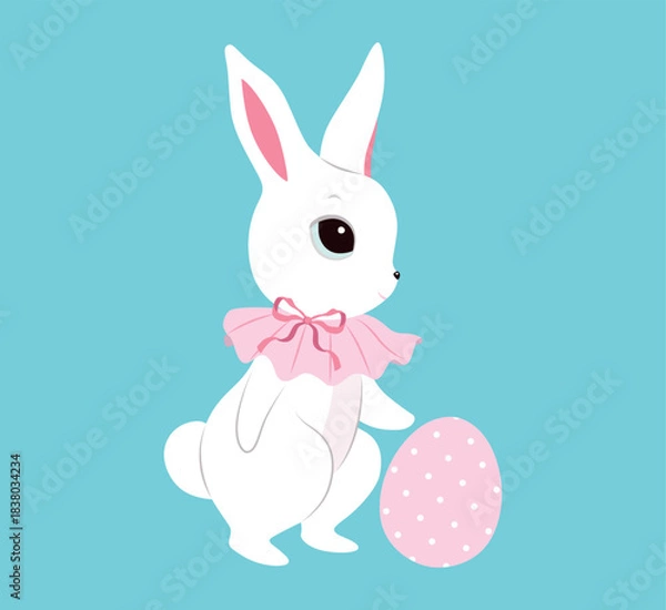 Fototapeta Cute Easter white bunny, pink clothes, rose bow, dots pattern egg. Spring collection. Sticker design. Set of Easter themed images including easter egg, pretty rabbit. Happy Easter. Greeting cards