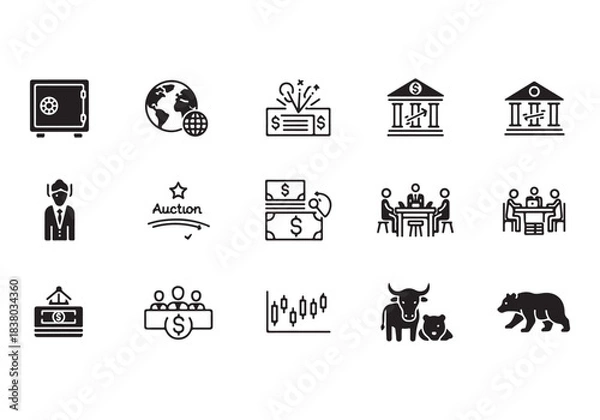 Obraz Bank and finance icon set. Business and corporation vector signs. Contain symbol of safe, global market, auction, crowd funding, start up, meeting, stock, bull and bear.