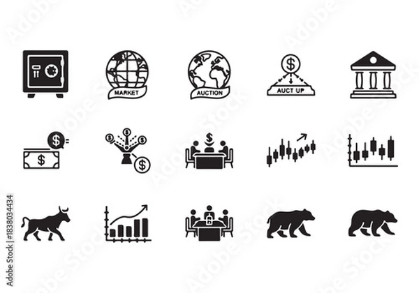 Obraz Bank and finance icon set. Business and corporation vector signs. Contain symbol of safe, global market, auction, crowd funding, start up, meeting, stock, bull and bear.