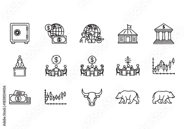 Obraz Bank and finance icon set. Business and corporation vector signs. Contain symbol of safe, global market, auction, crowd funding, start up, meeting, stock, bull and bear.
