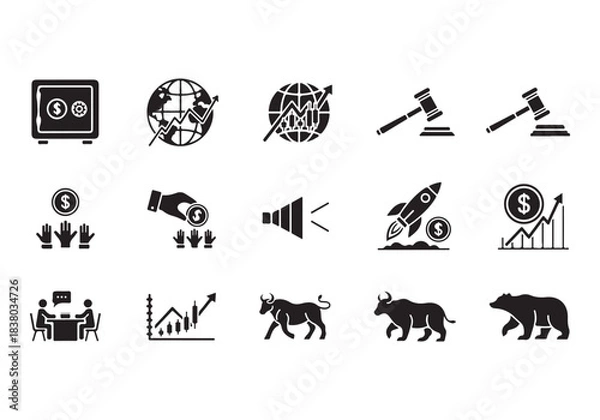 Obraz Bank and finance icon set. Business and corporation vector signs. Contain symbol of safe, global market, auction, crowd funding, start up, meeting, stock, bull and bear.