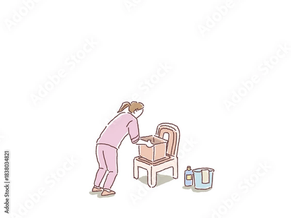 Obraz ポータブルトイレのバケツを取り出す看護師、介護士、ヘルパーの女性の後ろ姿