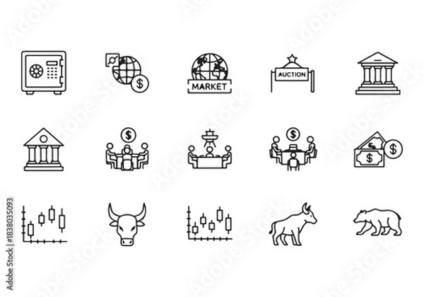 Obraz Bank and finance icon set. Business and corporation vector signs. Contain symbol of safe, global market, auction, crowd funding, start up, meeting, stock, bull and bear.