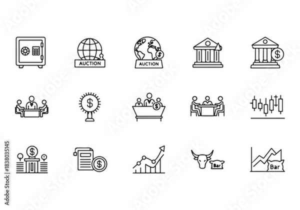 Obraz Bank and finance icon set. Business and corporation vector signs. Contain symbol of safe, global market, auction, crowd funding, start up, meeting, stock, bull and bear.