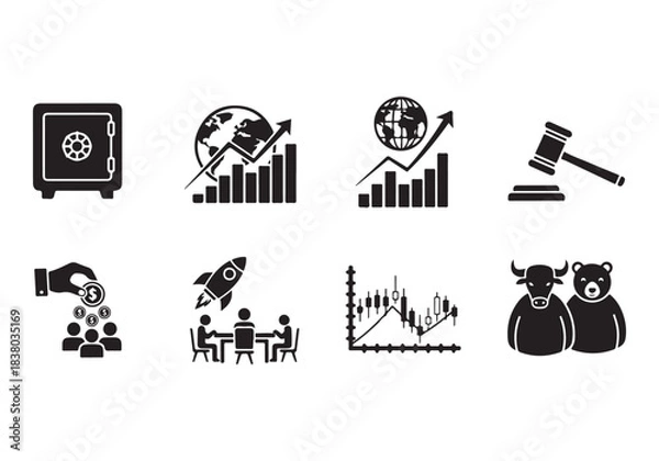 Obraz Bank and finance icon set. Business and corporation vector signs. Contain symbol of safe, global market, auction, crowd funding, start up, meeting, stock, bull and bear.