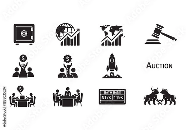 Obraz Bank and finance icon set. Business and corporation vector signs. Contain symbol of safe, global market, auction, crowd funding, start up, meeting, stock, bull and bear.