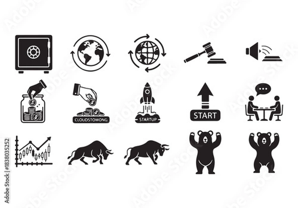 Obraz Bank and finance icon set. Business and corporation vector signs. Contain symbol of safe, global market, auction, crowd funding, start up, meeting, stock, bull and bear.