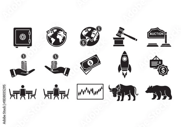Obraz Bank and finance icon set. Business and corporation vector signs. Contain symbol of safe, global market, auction, crowd funding, start up, meeting, stock, bull and bear.