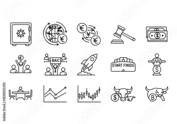 Obraz Bank and finance icon set. Business and corporation vector signs. Contain symbol of safe, global market, auction, crowd funding, start up, meeting, stock, bull and bear.