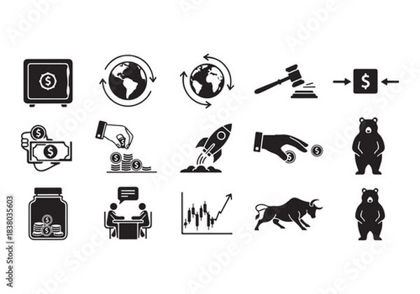 Obraz Bank and finance icon set. Business and corporation vector signs. Contain symbol of safe, global market, auction, crowd funding, start up, meeting, stock, bull and bear.