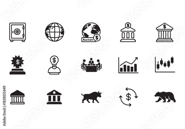 Obraz Bank and finance icon set. Business and corporation vector signs. Contain symbol of safe, global market, auction, crowd funding, start up, meeting, stock, bull and bear.