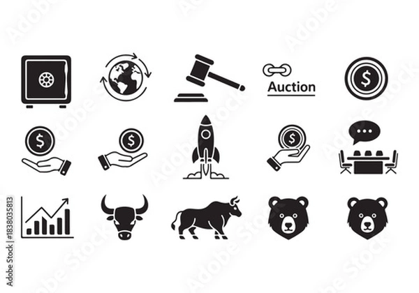 Obraz Bank and finance icon set. Business and corporation vector signs. Contain symbol of safe, global market, auction, crowd funding, start up, meeting, stock, bull and bear.