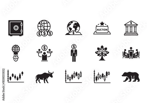 Obraz Bank and finance icon set. Business and corporation vector signs. Contain symbol of safe, global market, auction, crowd funding, start up, meeting, stock, bull and bear.