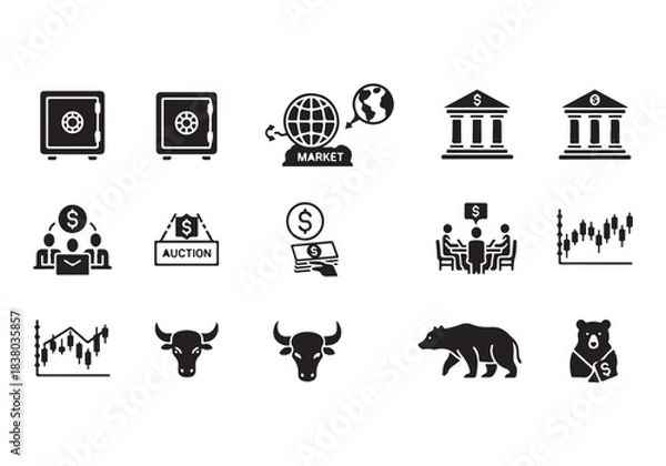 Obraz Bank and finance icon set. Business and corporation vector signs. Contain symbol of safe, global market, auction, crowd funding, start up, meeting, stock, bull and bear.