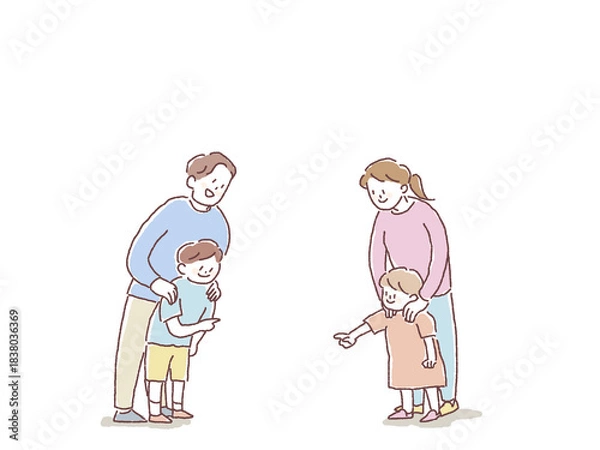 Obraz 笑顔の家族（指をさす男の子と女の子）